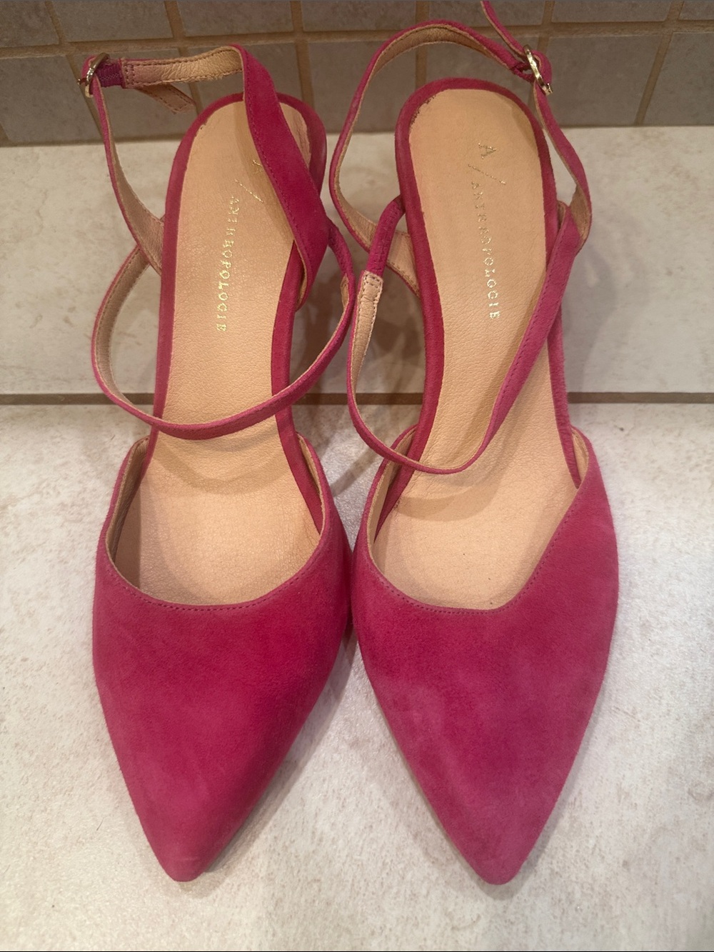 Anthropologie Fuchsia Pink Suede Pointed-Toe Slingback Flats